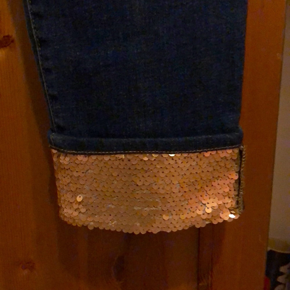 Chico’s boyfriend ankle jeans with gold bordered hem. 4R, fits like size 8, new